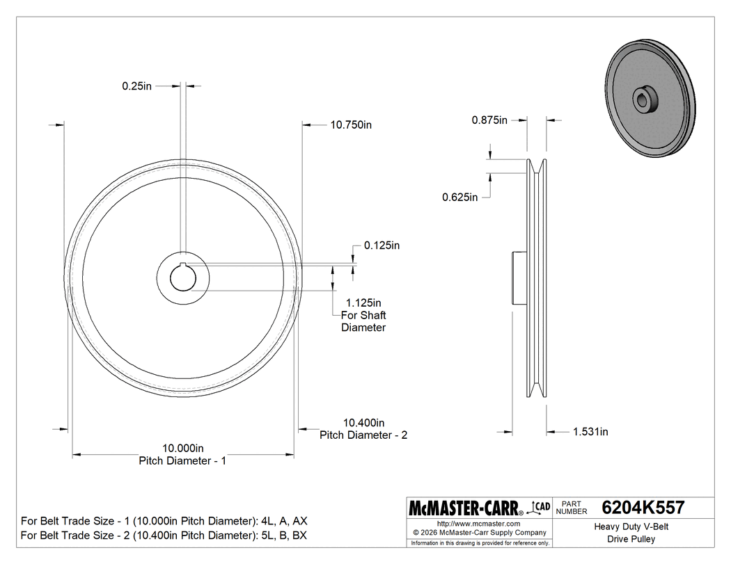 Technical Drawing of Heavy Duty V-Belt Drive Pulley, for 4L, A, Ax and 5L, B, BX Belts, 10.75" OD, for 1-1/8" Shaft.